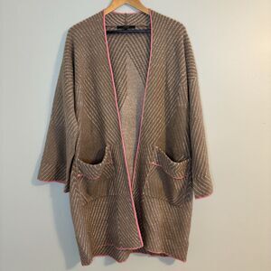 Maxsport Womens Oversized Cozy Sweater Cardigan Light Brown Cream Pink Trim Boho